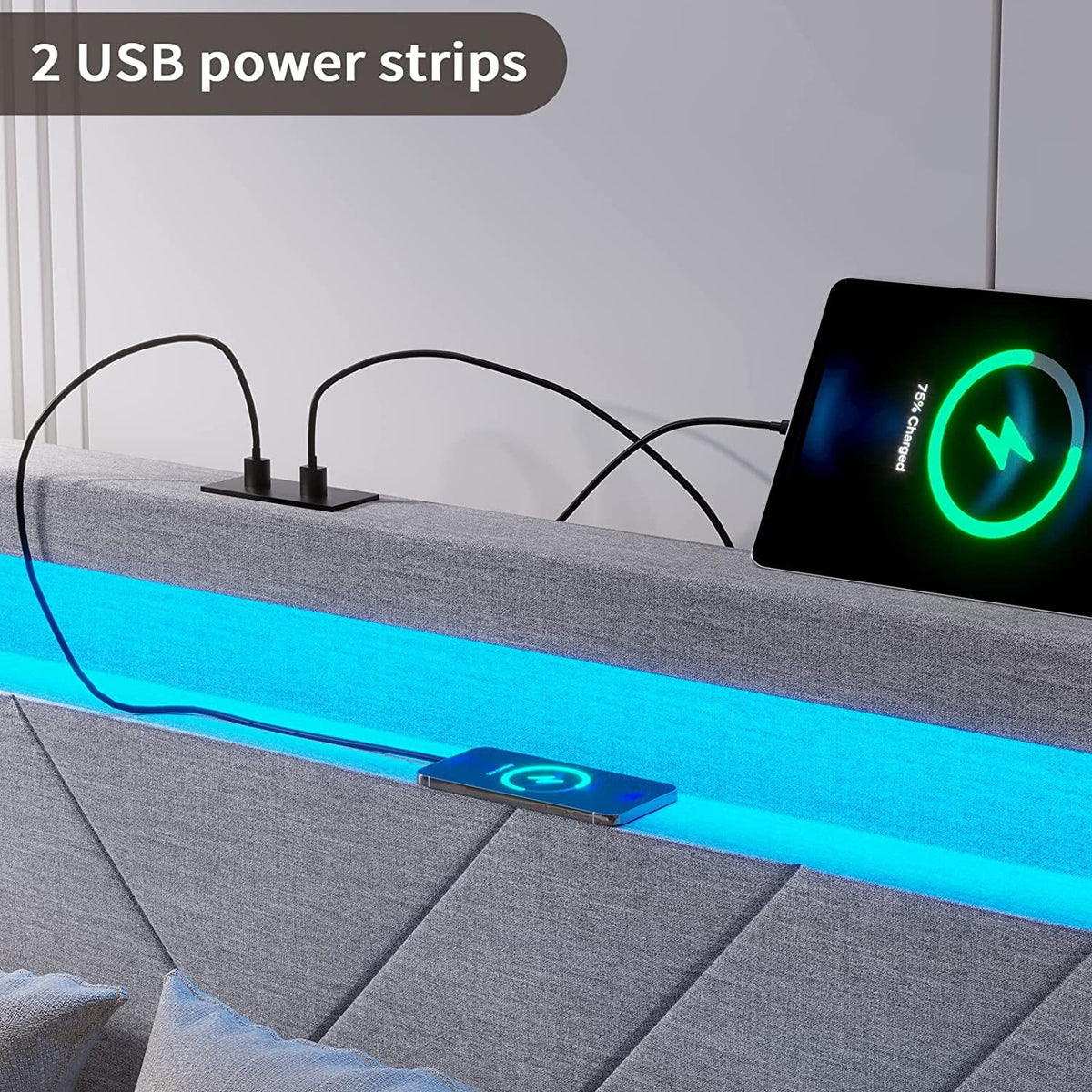 Queen Bed Frame with LED Lights Headboard, 4 Drawers, 2 USB Charging Station, Upholstered Platform Bed, Dark Gray Z366330