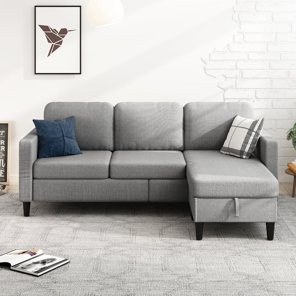 Beige Linen Sectional Sofa with Storage Ottoman L393