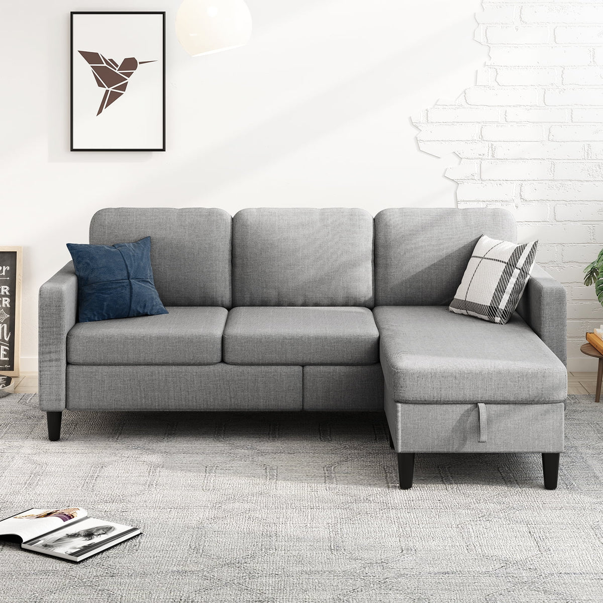 Beige Linen Sectional Sofa with Storage Ottoman L393