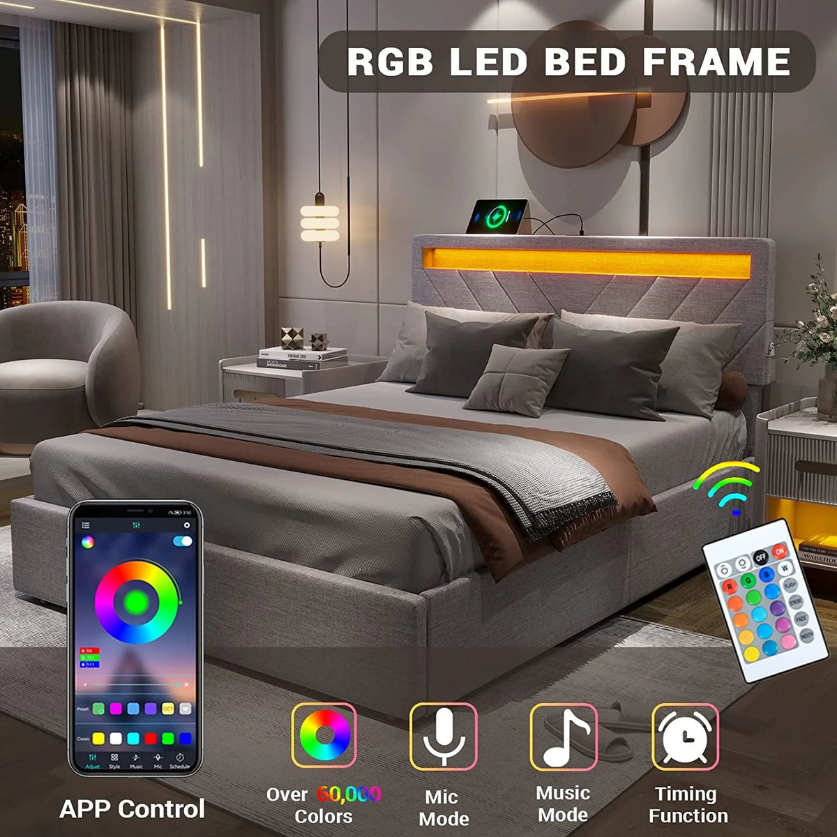 Queen Bed Frame with LED Lights Headboard, 4 Drawers, 2 USB Charging Station, Upholstered Platform Bed, Dark Gray Z366330