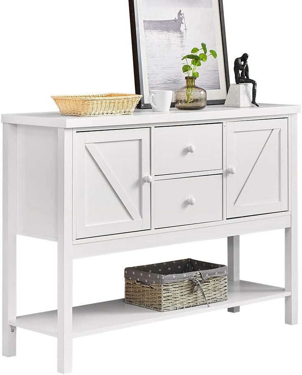 White Console Table with Drawers and Shelf H373