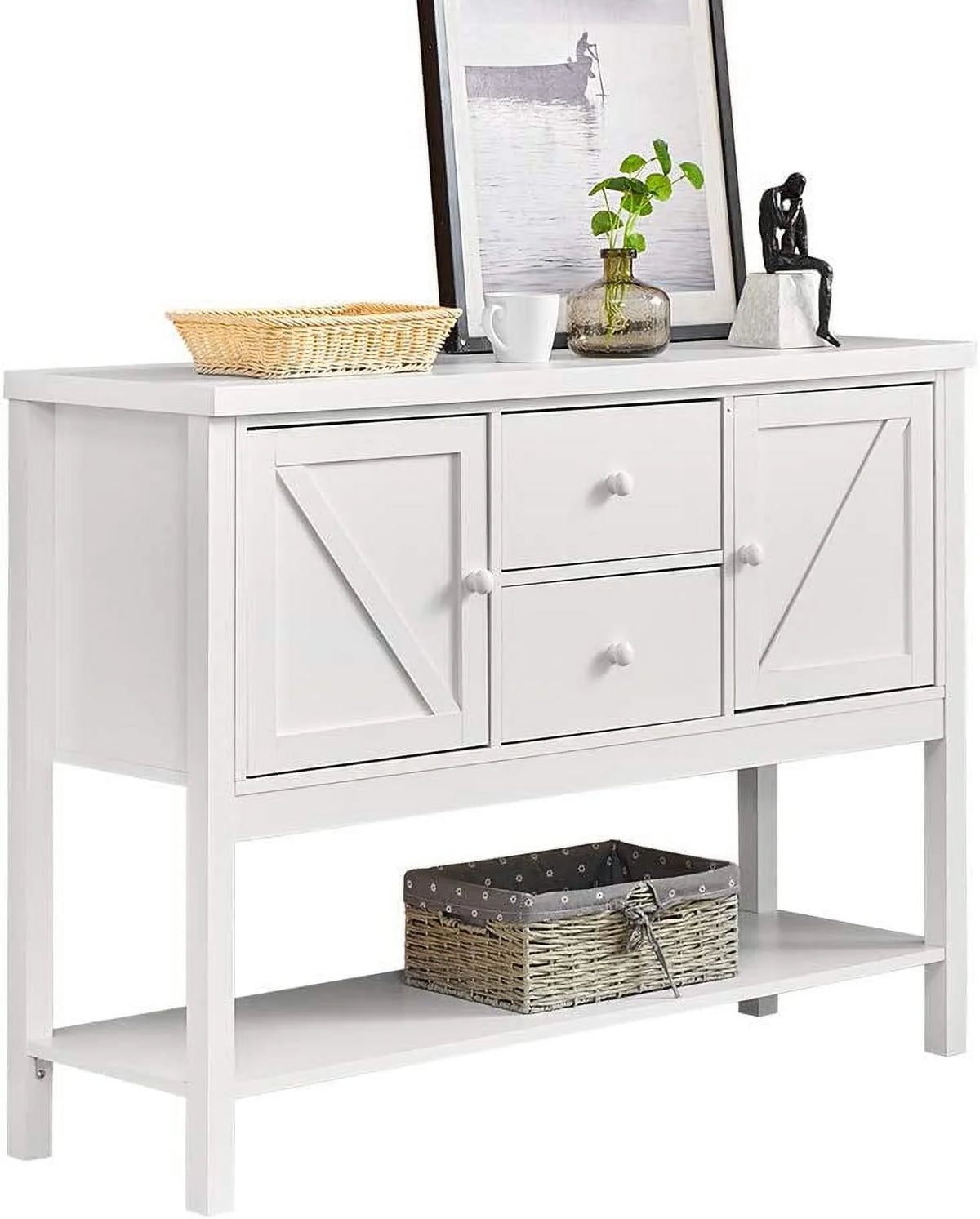White Console Table with Drawers and Shelf H373