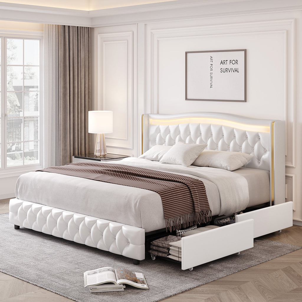 White Queen Size LED Platform Bed with 4 Storage Drawers M534