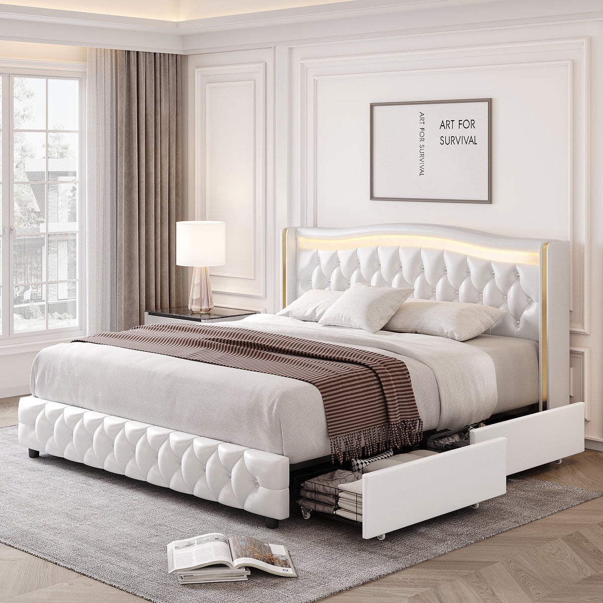 White Queen Size LED Platform Bed with 4 Storage Drawers M534