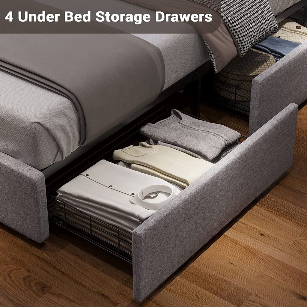 Queen Bed Frame with LED Lights Headboard, 4 Drawers, 2 USB Charging Station, Upholstered Platform Bed, Dark Gray Z366330