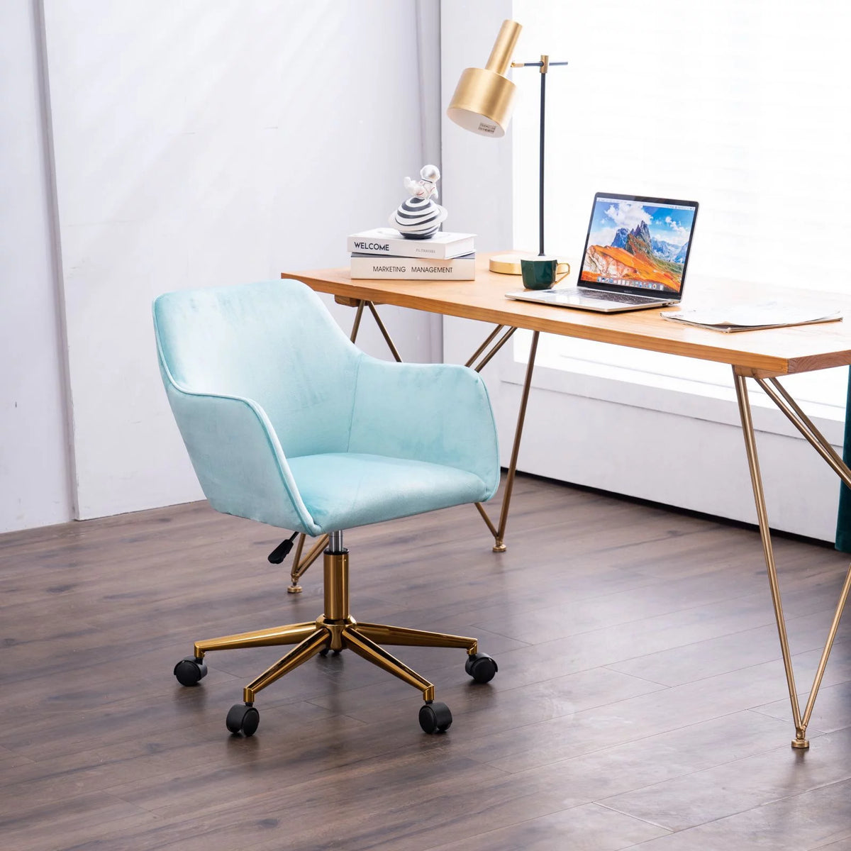 Aqua Light Blue Velvet Adjustable Height Office Chair F7496
