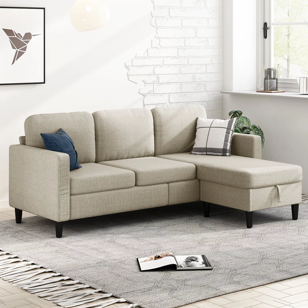 Beige Linen Sectional Sofa with Storage Ottoman L393