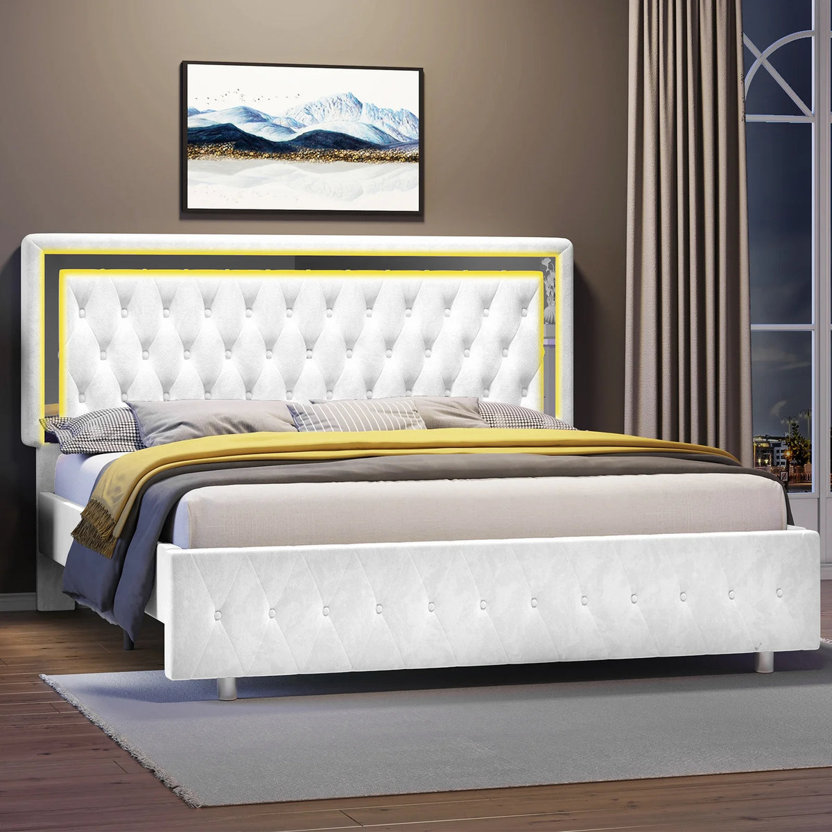 Queen Size Velvet Button Tufted LED Bed Frame F8297