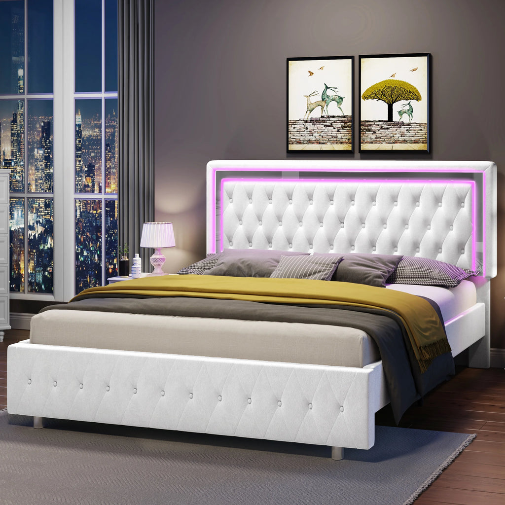 Queen Size Velvet Button Tufted LED Bed Frame F8297