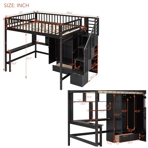 Full Size Espresso Wood Loft Bed with Wardrobe Desk Storage Stairs R45818