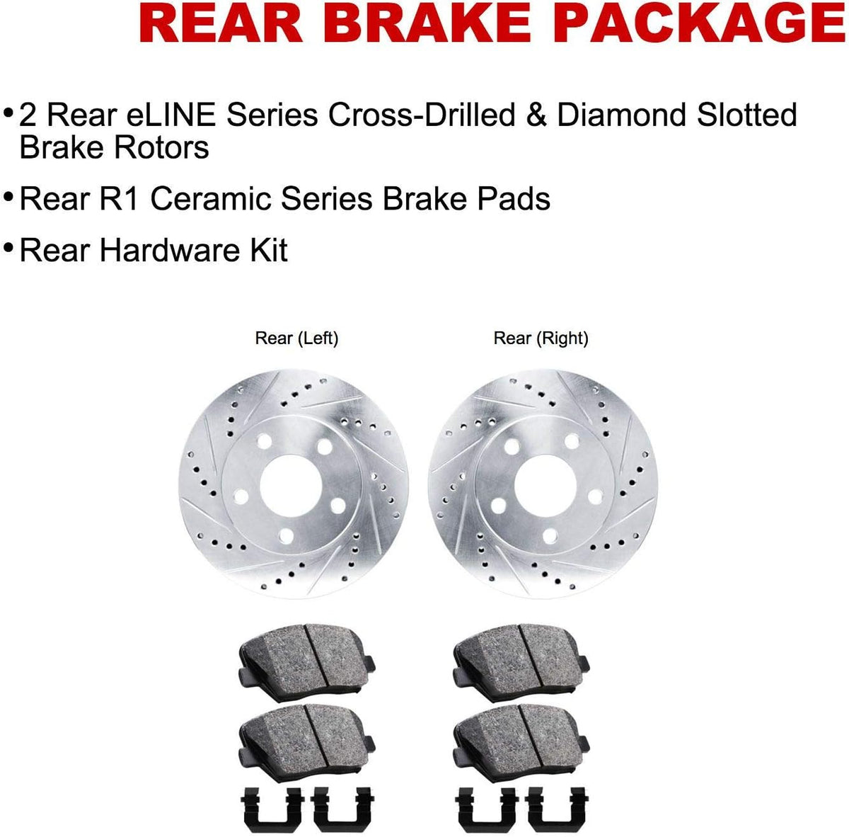 Rear Drilled and Slotted Brake Rotors with Ceramic Brake Pads and Hardware Kit Z661815