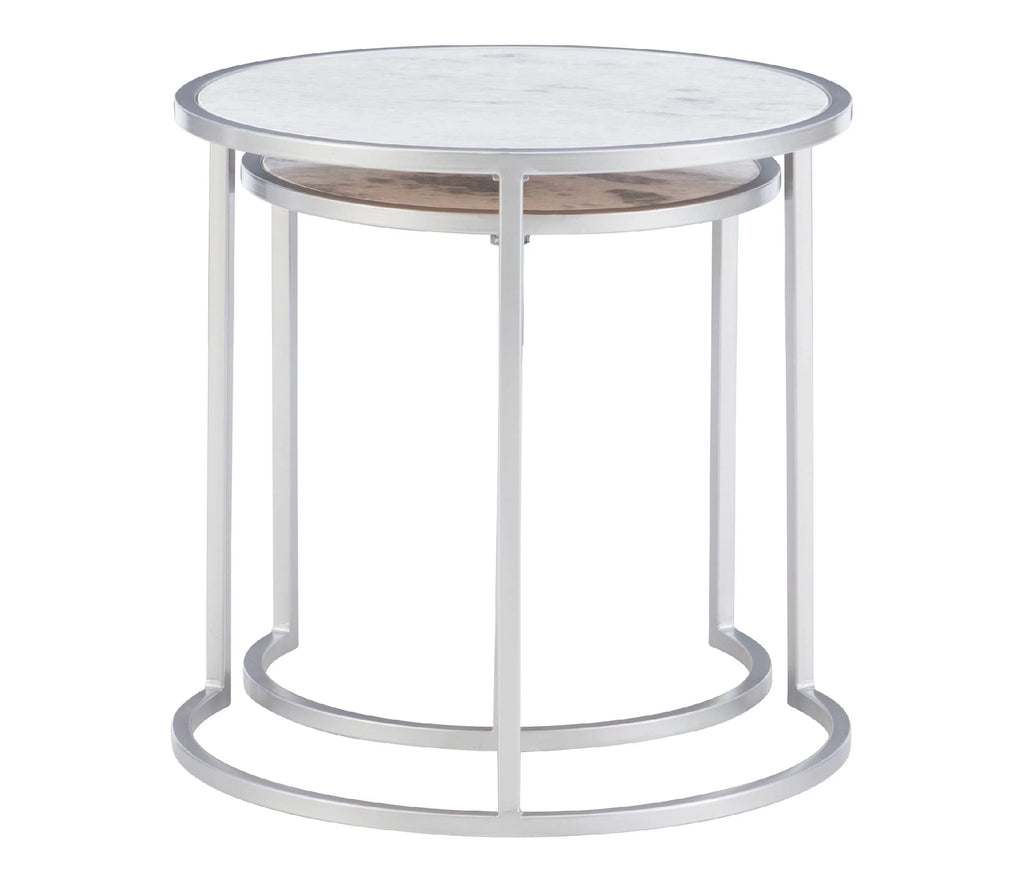 Round Nesting Tables Set of 2 Silver Metal White Marble Tops Z8016