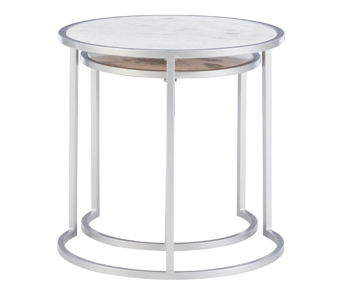 Round Nesting Tables Set of 2 Silver Metal White Marble Tops Z8016