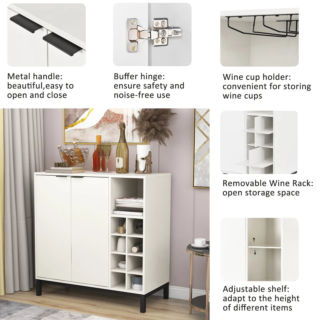 White Wood Bar Cabinet with 2 Door and 8 Wine Racks J15236