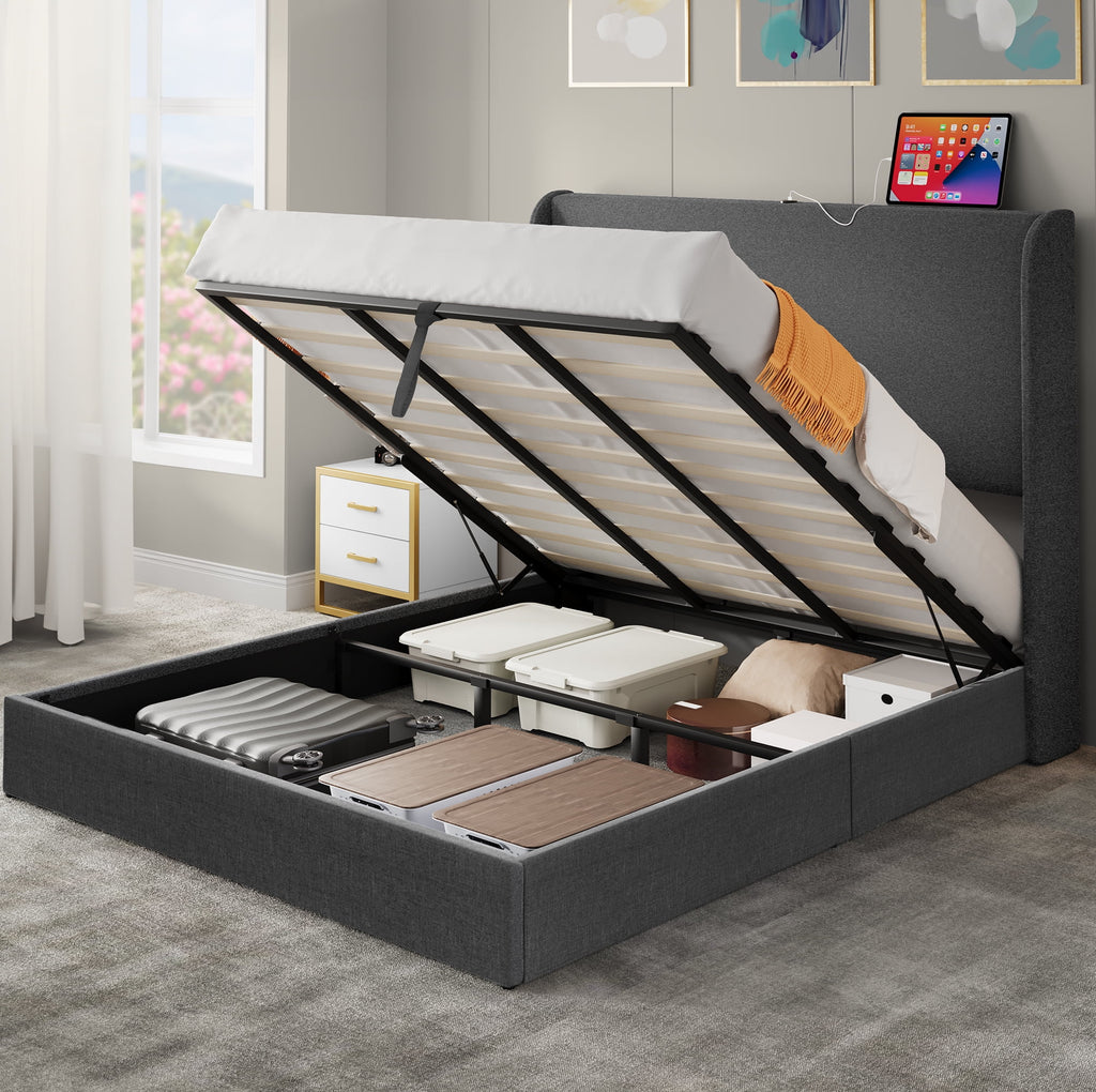 Queen Size Lift-Up Storage Bed with Charging Station and Wingback Headboard C26897