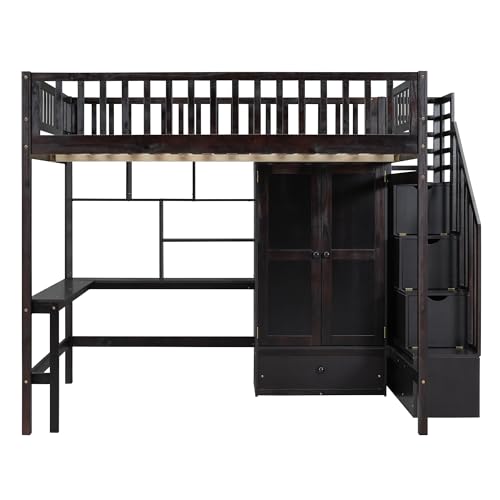 Full Size Espresso Wood Loft Bed with Wardrobe Desk Storage Stairs R45818