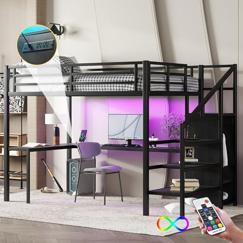 Full Size Black Metal Loft Bed with Desk and Wardrobe S53490