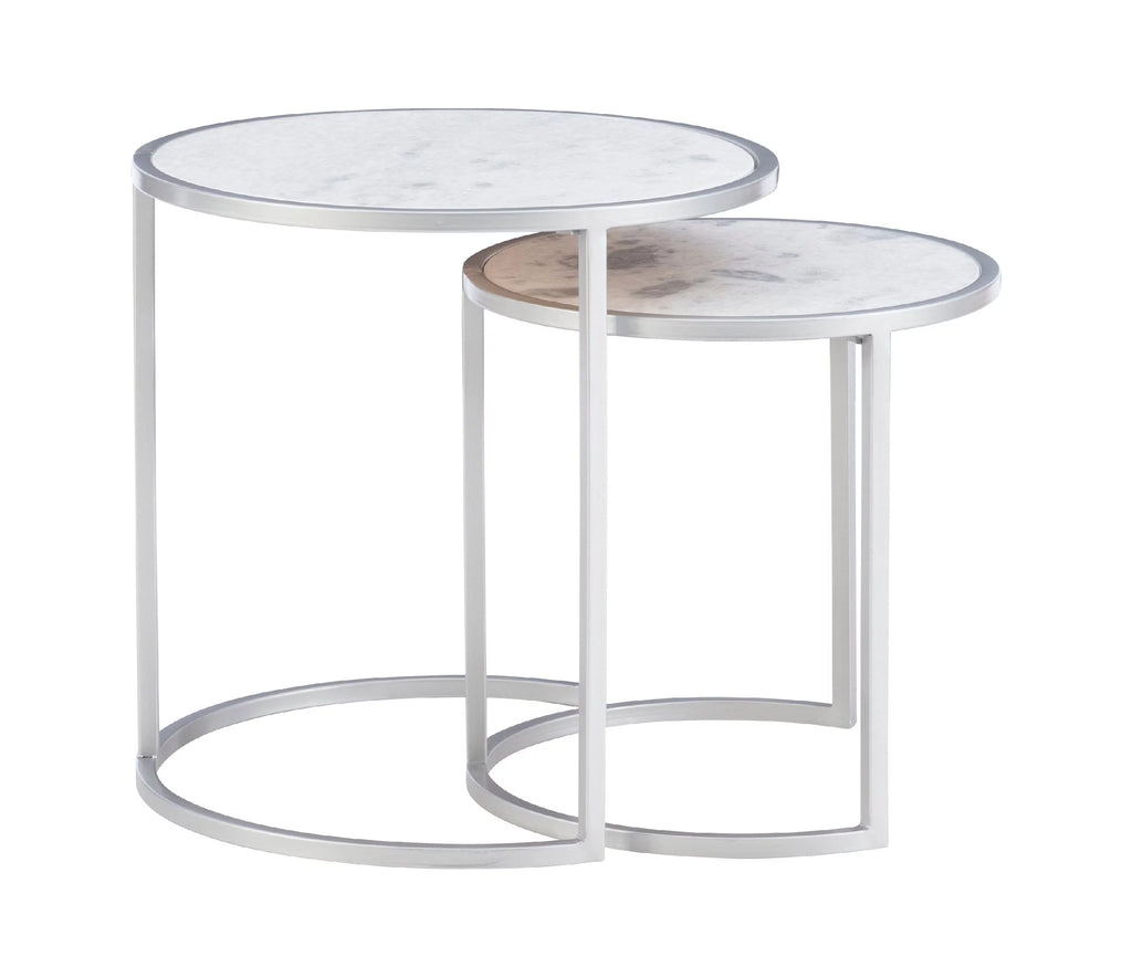 Round Nesting Tables Set of 2 Silver Metal White Marble Tops Z8016
