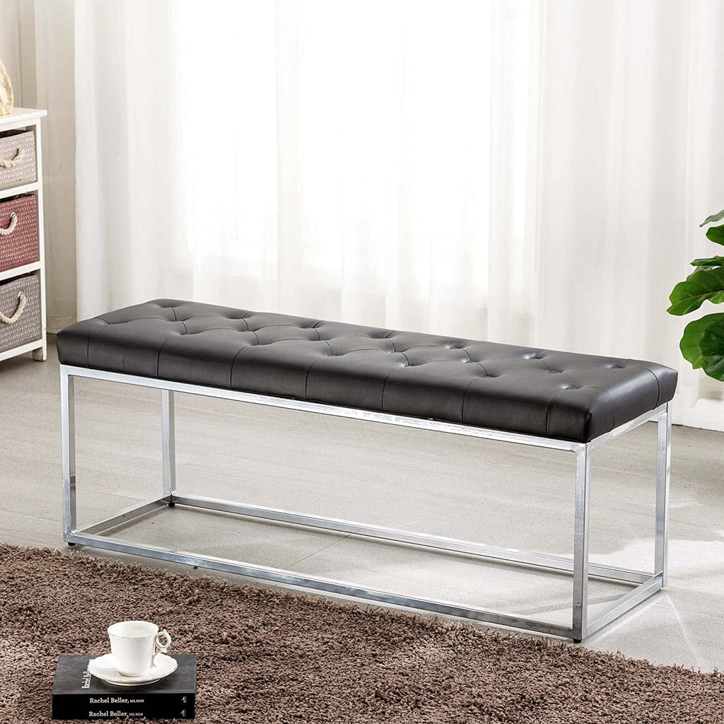 Black Tufted Leather Upholstered Bench with Metal Base D995715