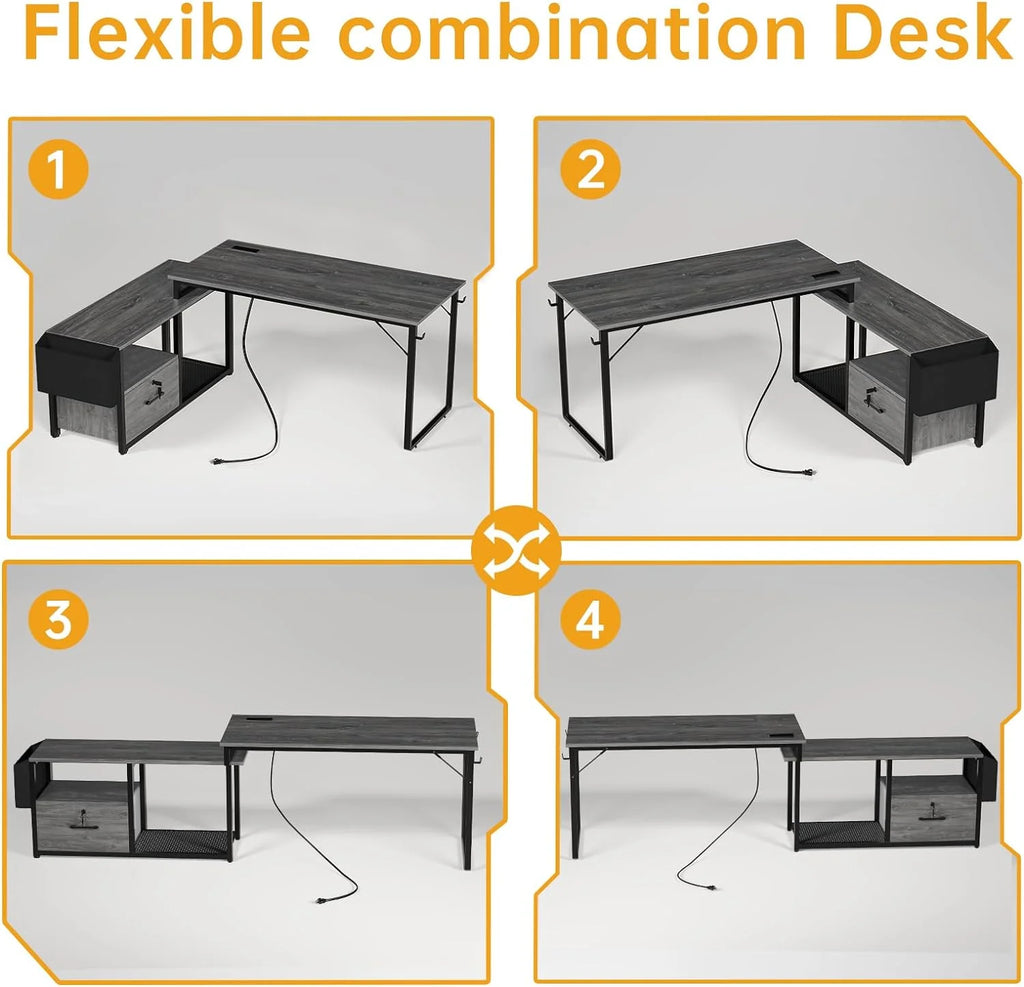 Reversible L Shaped Desk with LED Light & Power Outlet Y597