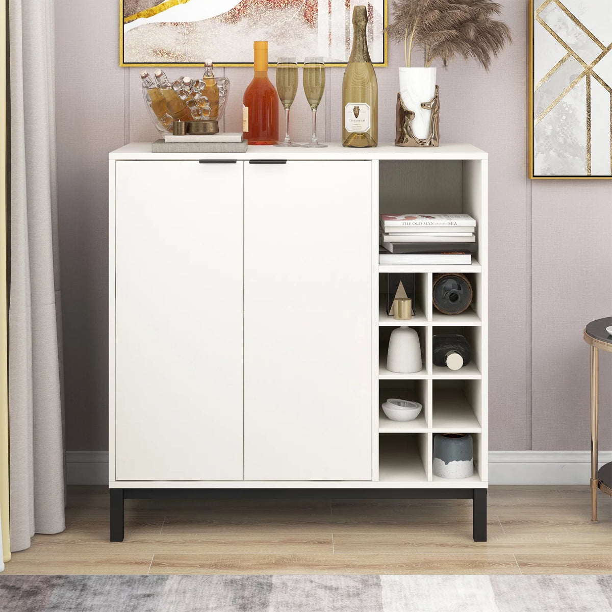 White Wood Bar Cabinet with 2 Door and 8 Wine Racks J15236