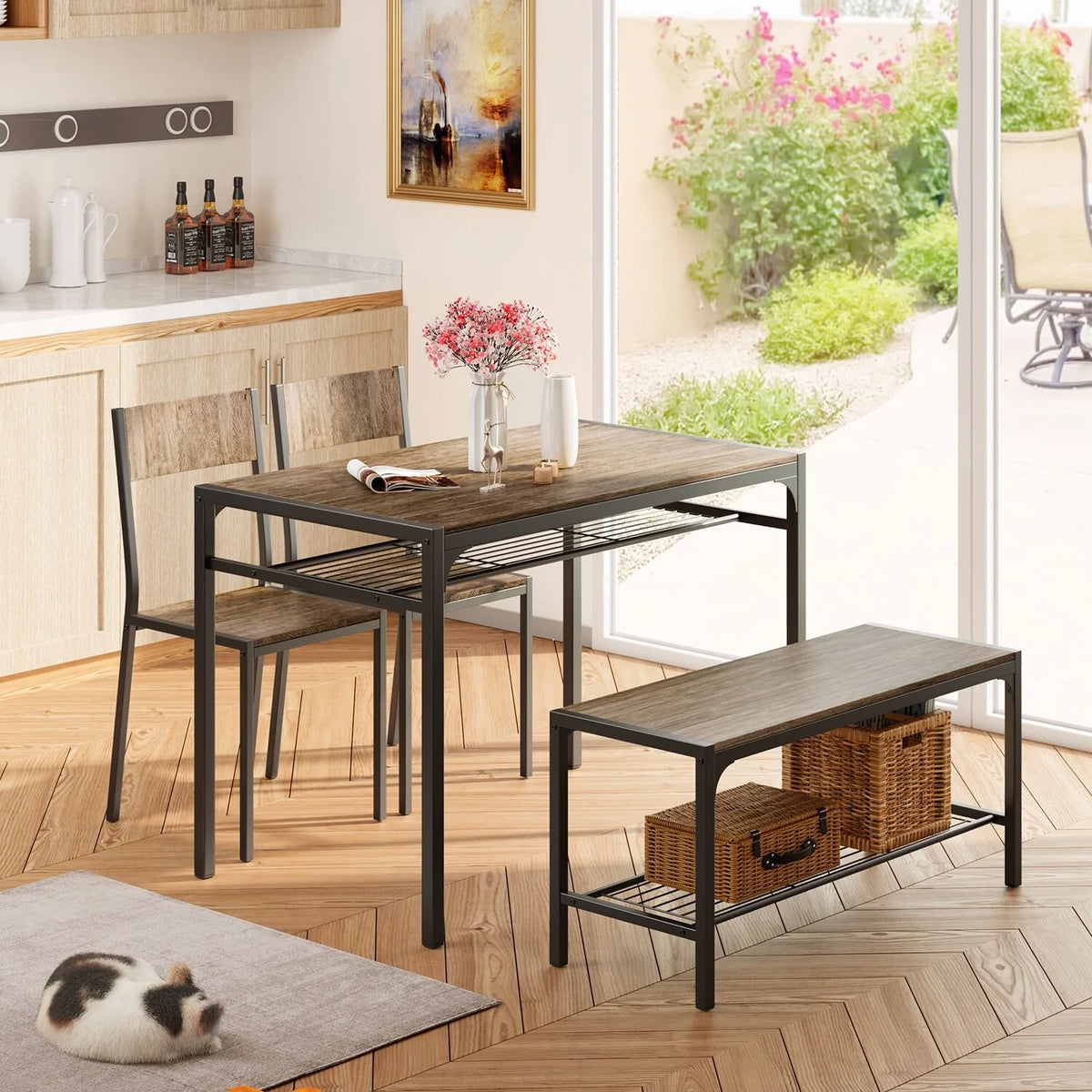 4 Piece Kitchen Dining Table with 2 Chair and Bench Grey B93770
