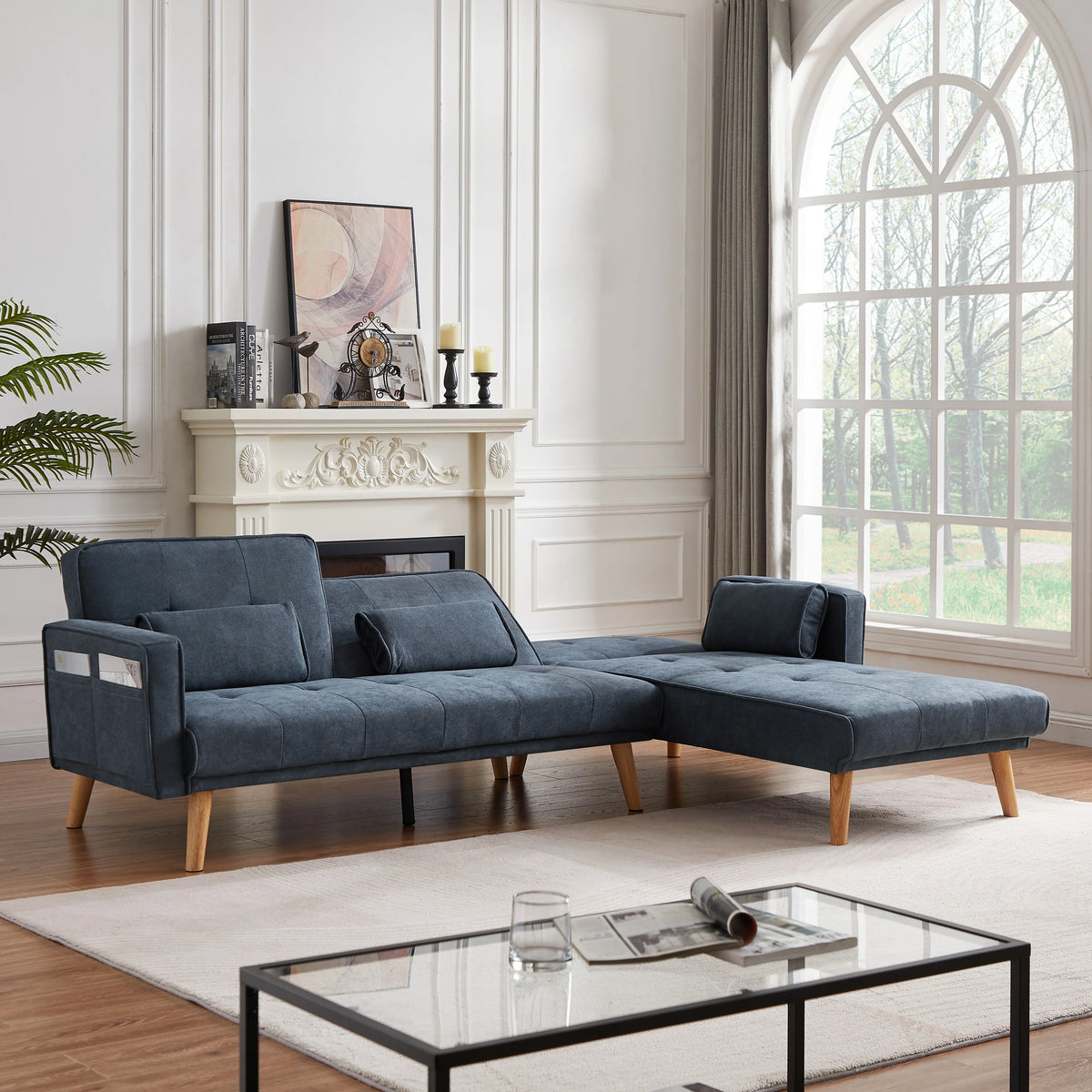 L-shaped Linen Sleeper Sectional Sofa I74718