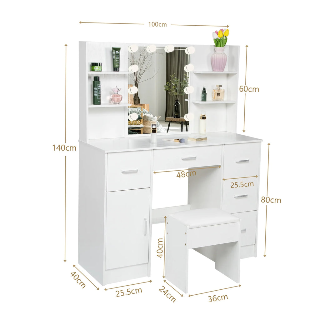 White Vanity Set with LED Lights, Stool, 5 Drawers I9974