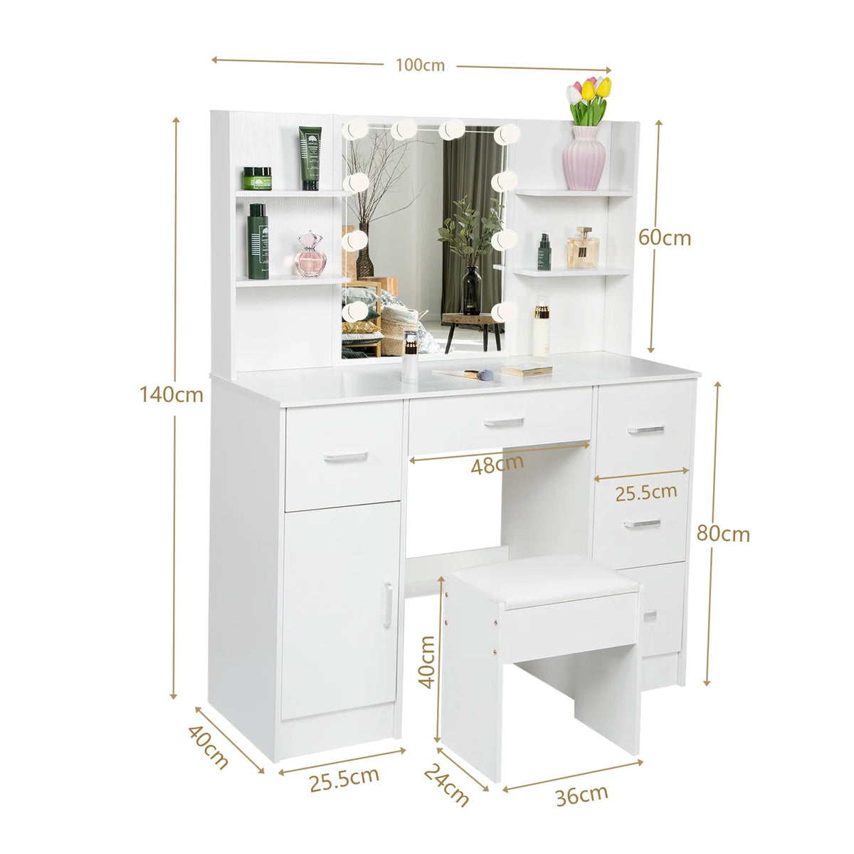 White Vanity Set with LED Lights, Stool, 5 Drawers I9974