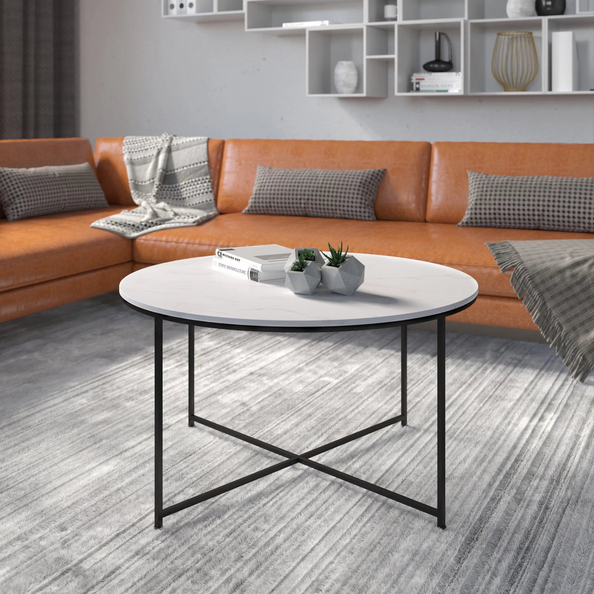 White Marble Finish Coffee Table with Matte Black Frame T55381