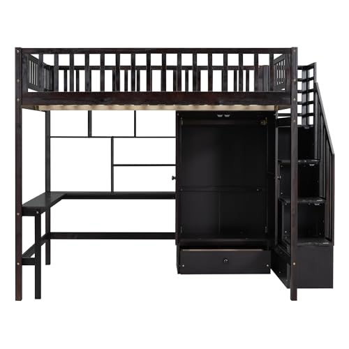Full Size Espresso Wood Loft Bed with Wardrobe Desk Storage Stairs R45818