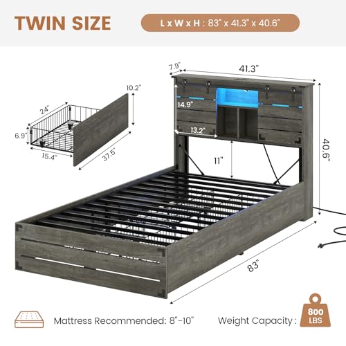Queen Size Wooden Bed Frame with Bookcase Headboard and Storage Drawers S67456