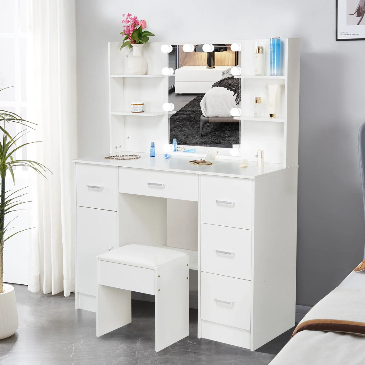 White Vanity Set with LED Lights, Stool, 5 Drawers I9974