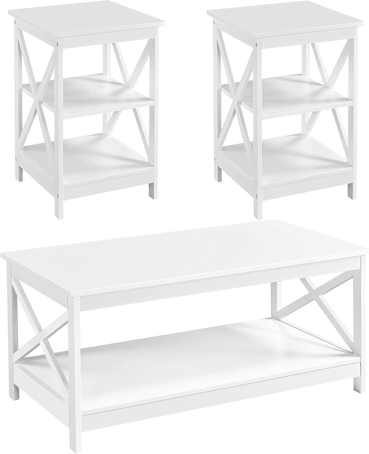 White 3 Piece Wood Table Set with Shelf and 2 End Tables N20488