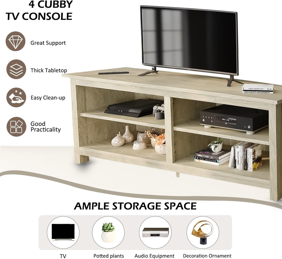 58 Modern TV Stand with 4 Open Storage Cabinets, Oak M2341