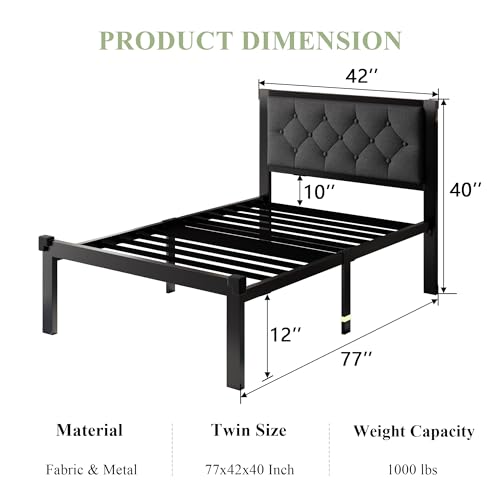 Full Size Black Metal Platform Bed Frame with Faux Leather Tufted Headboard M495250