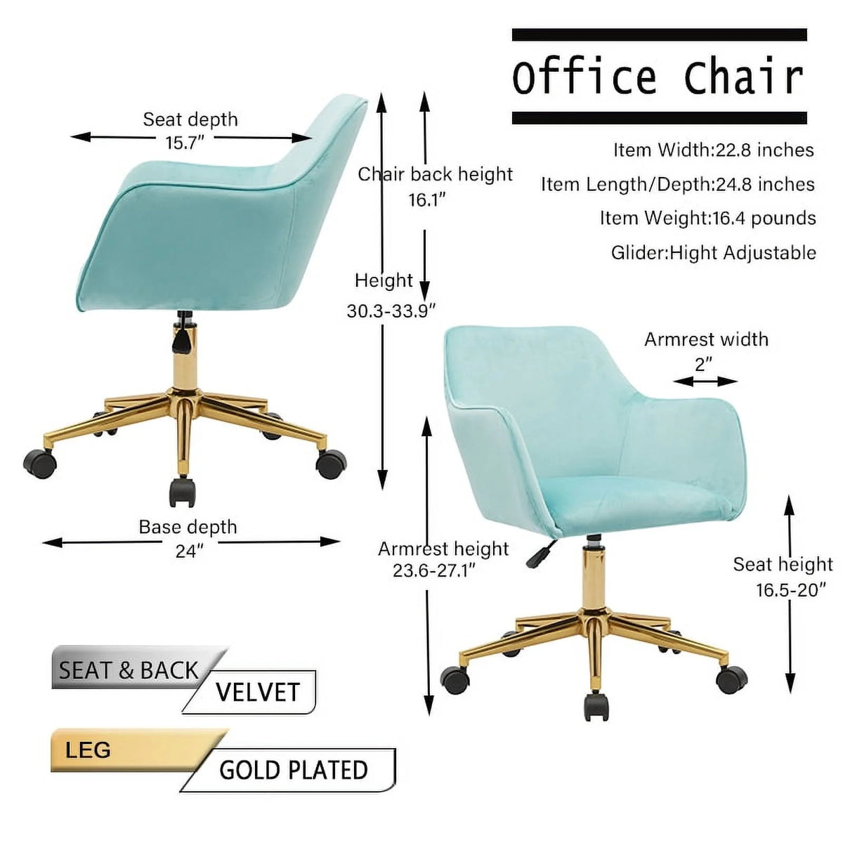 Aqua Light Blue Velvet Adjustable Height Office Chair F7496