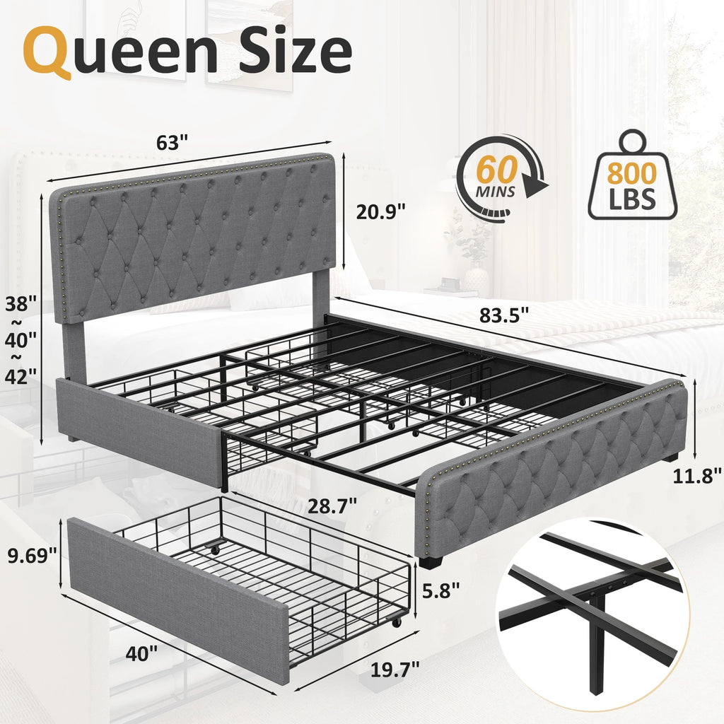 Queen Size Platform Bed Frame with 4 Storage Drawers and Upholstered Headboard A725694