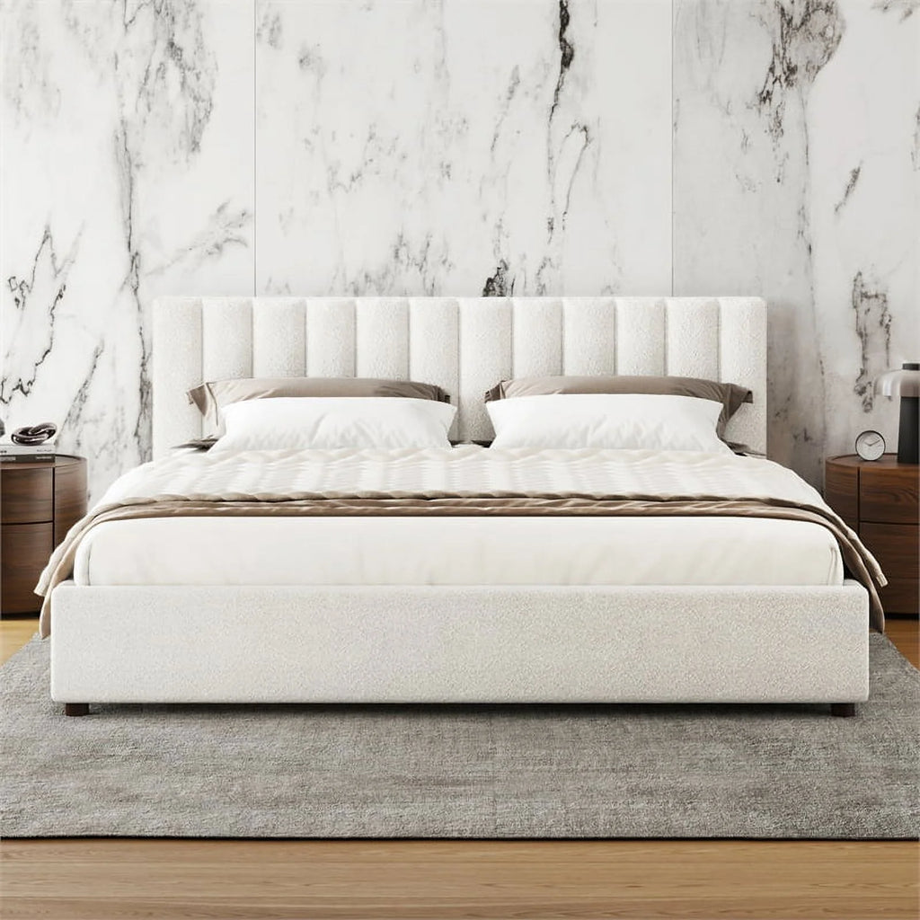 Queen Upholstered Platform Bed White Boucle Fabric M8219