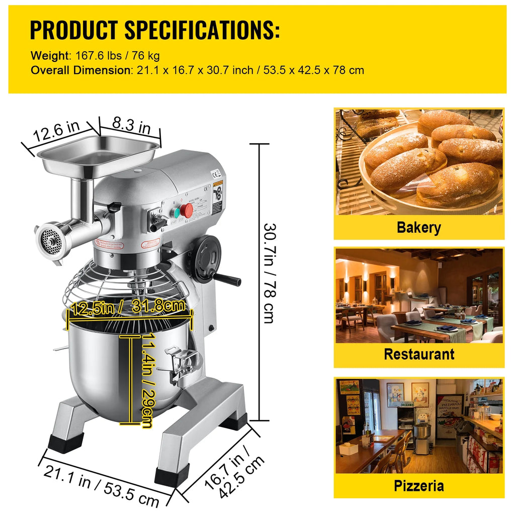 Commercial Stand Mixer with Meat Grinder, 20Qt Stainless Steel Bowl, 1100W B47128
