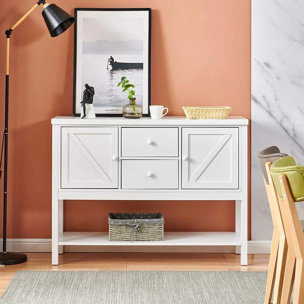 White Console Table with Drawers and Shelf H373
