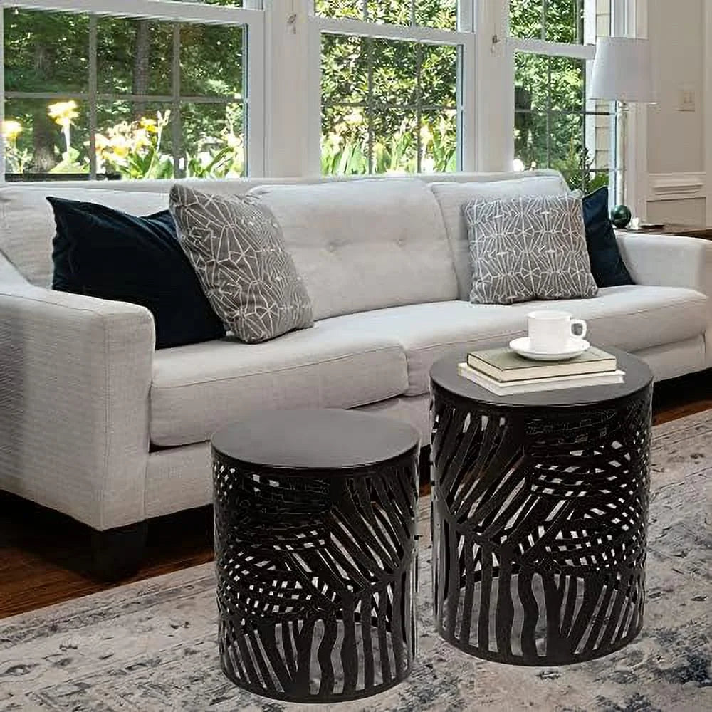 Metal Accent Table Nesting Round End Tables Black with Rust Leaf V387165