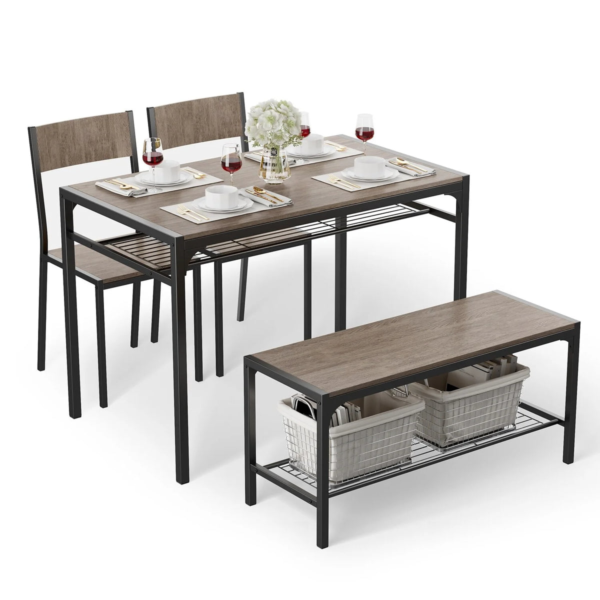 4 Piece Kitchen Dining Table with 2 Chair and Bench Grey B93770