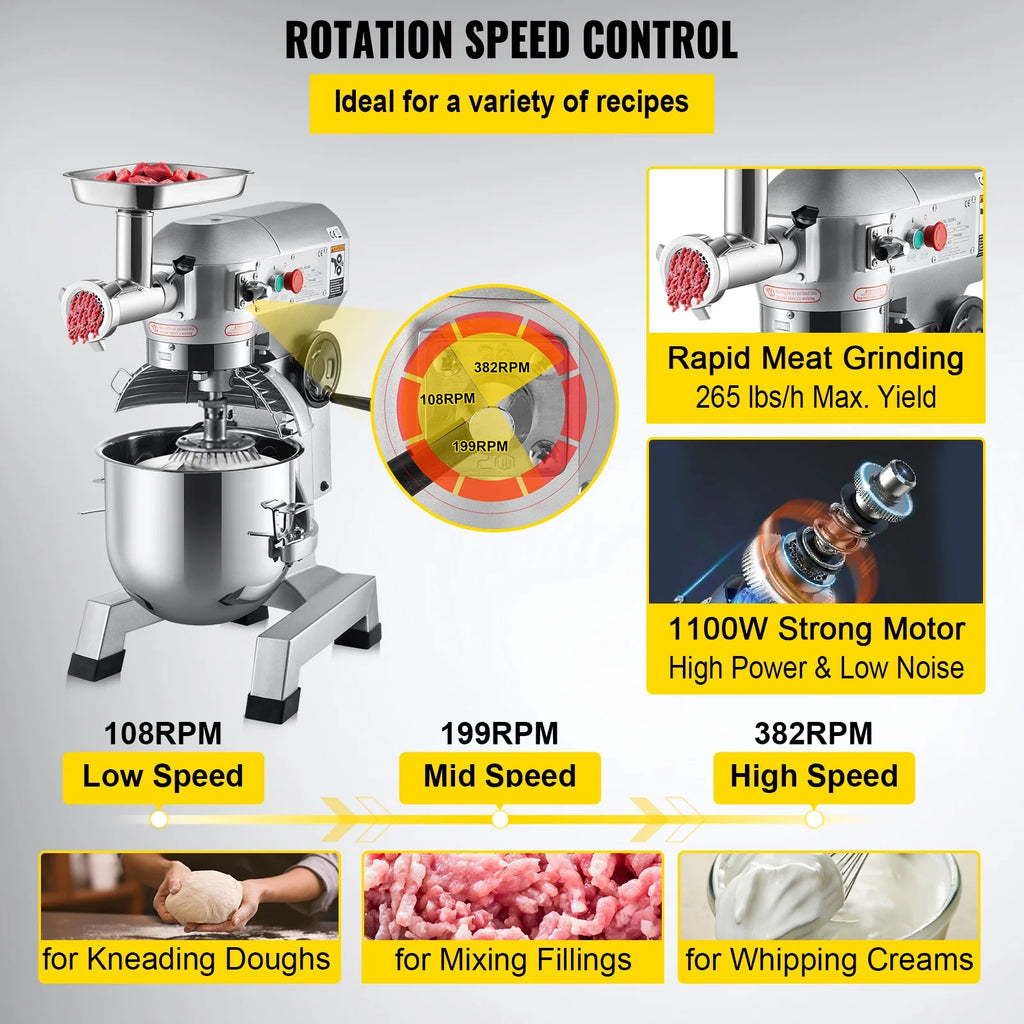 Commercial Stand Mixer with Meat Grinder, 20Qt Stainless Steel Bowl, 1100W B47128