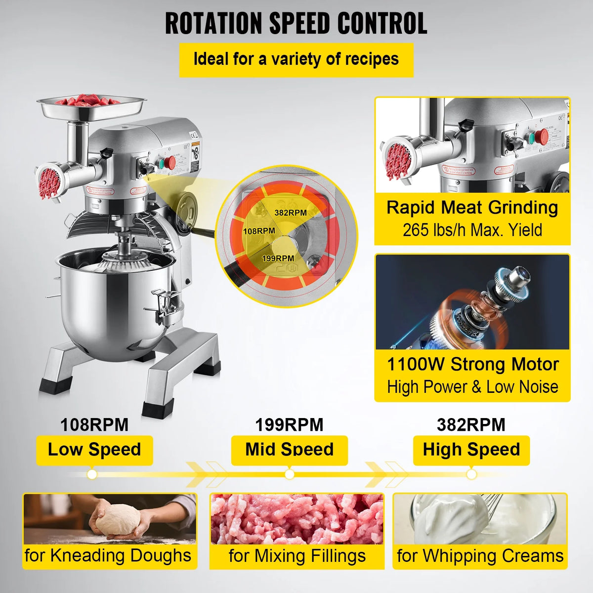 Commercial Stand Mixer with Meat Grinder, 20Qt Stainless Steel Bowl, 1100W B47128