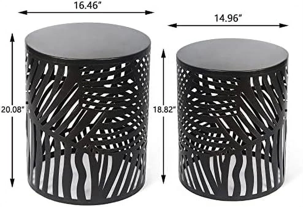 Metal Accent Table Nesting Round End Tables Black with Rust Leaf V387165
