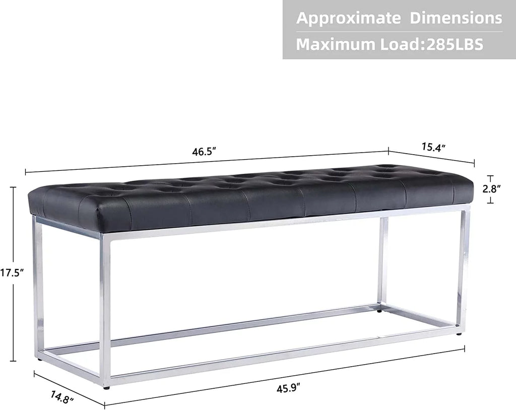 Black Tufted Leather Upholstered Bench with Metal Base D995715