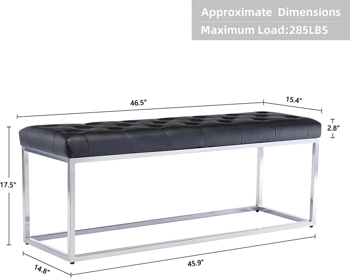 Black Tufted Leather Upholstered Bench with Metal Base D995715