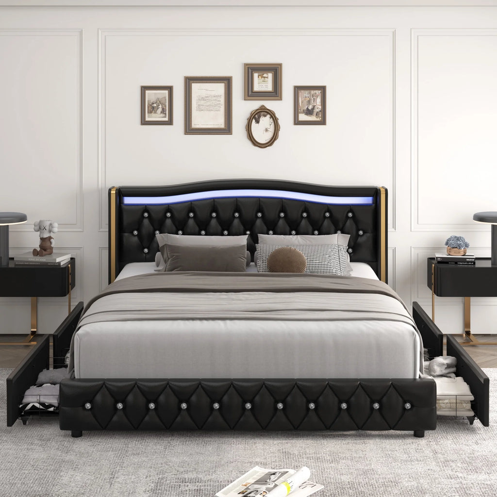 White Queen Size LED Platform Bed with 4 Storage Drawers M534