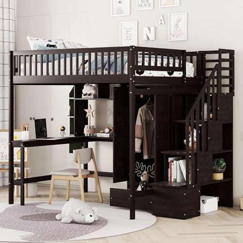 Full Size Espresso Wood Loft Bed with Wardrobe Desk Storage Stairs R45818